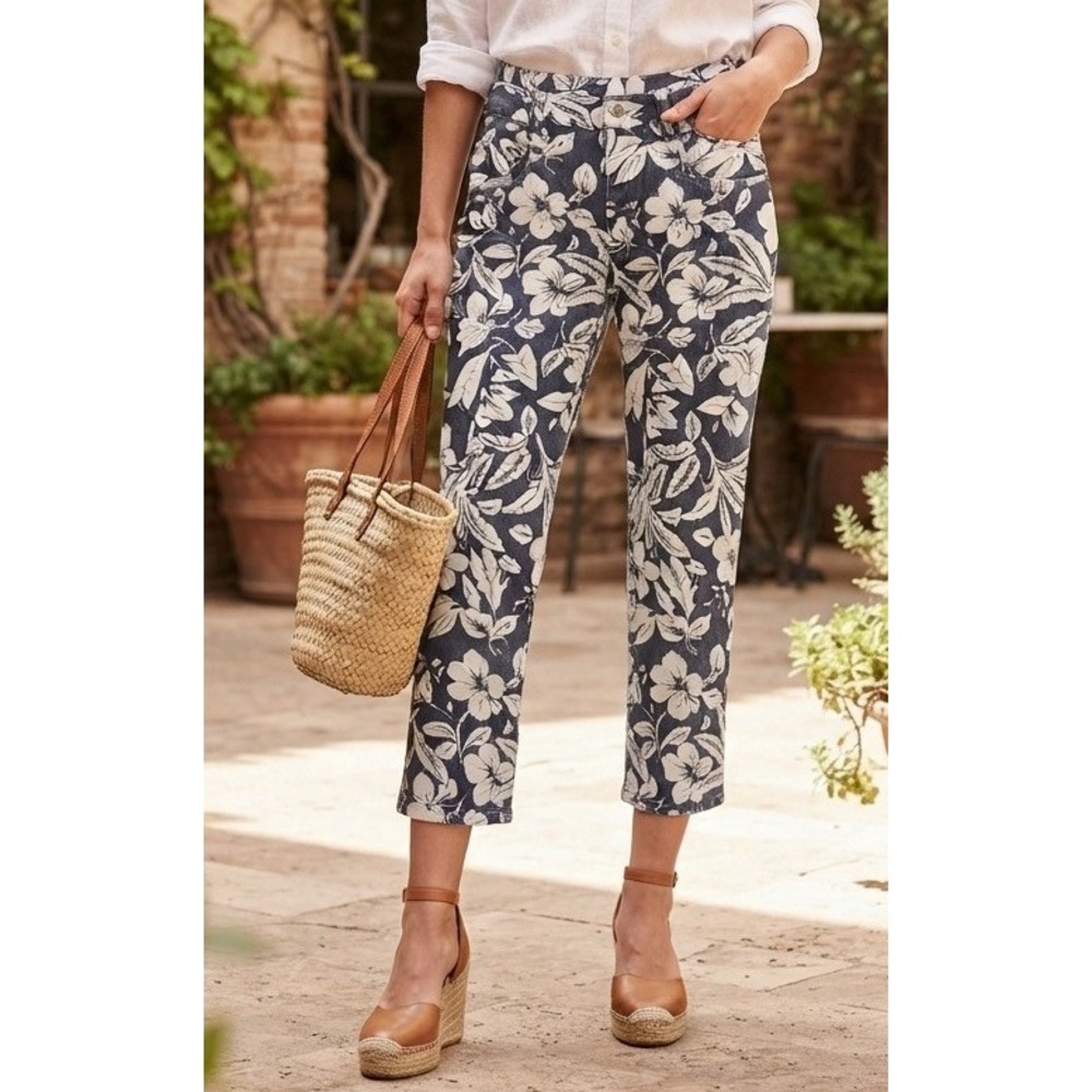Bill Blass Floral High Rise Cropped Pants Womens‎ Size 6 Blue White Coastal Boho